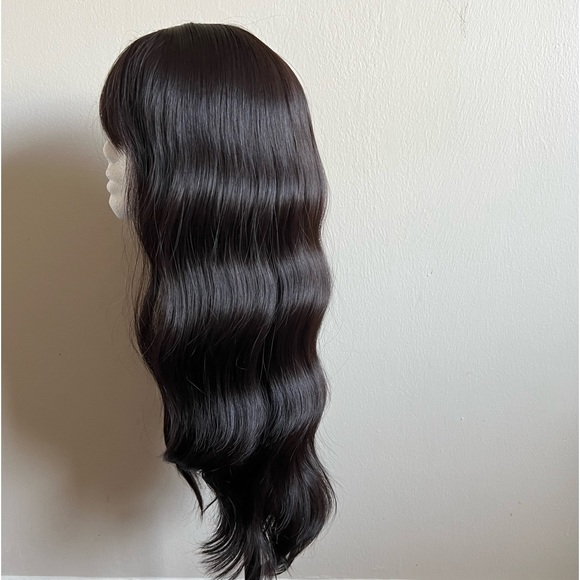 24” Daily Use Black Long Wavy Heat Resistant Synthetic Fiber Full Wig With Bangs - Picture 3 of 11